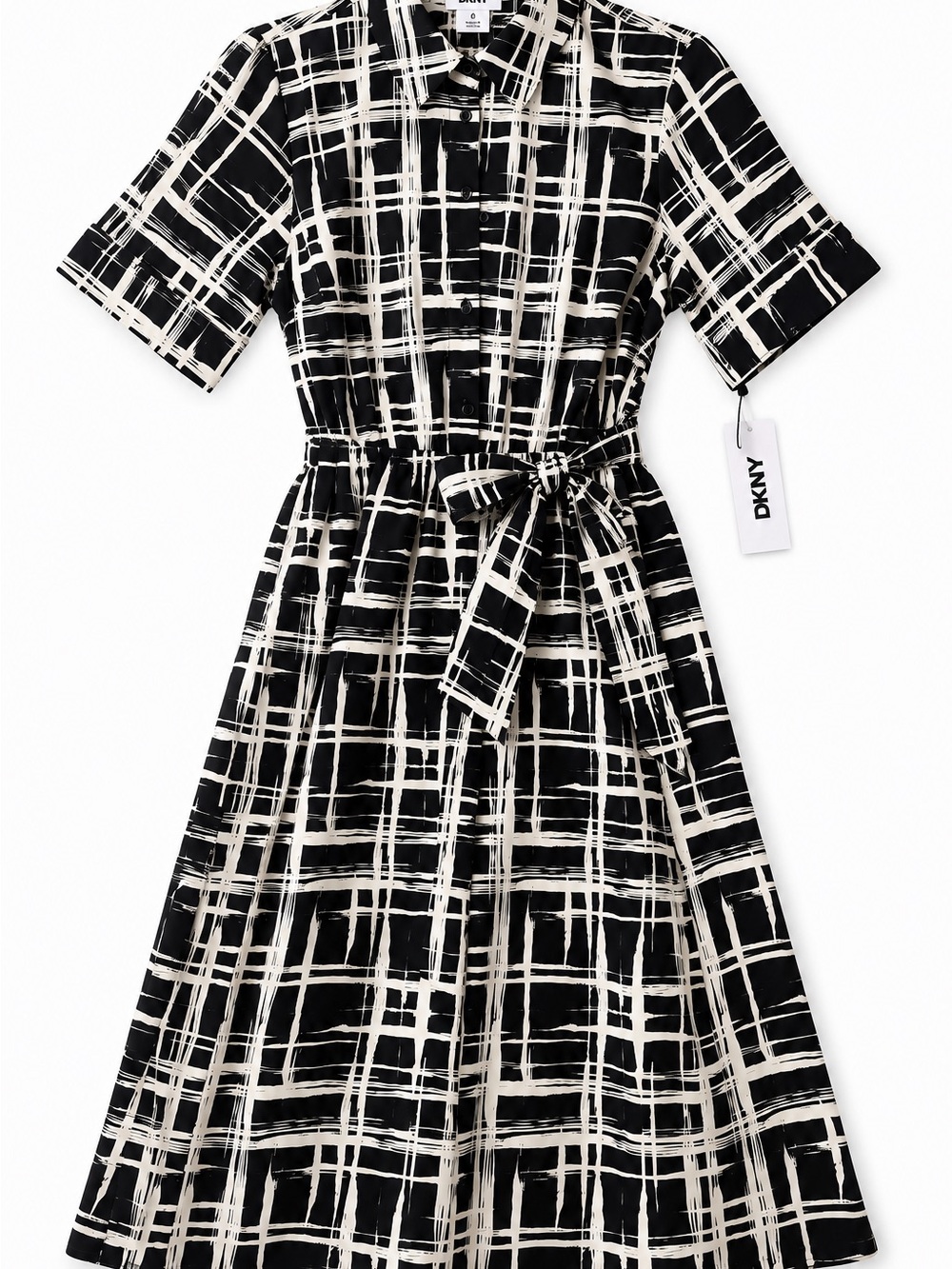 DKNY Black & Ivory Abstract Print Belted Shirt Midi Dress NWT Size 8
